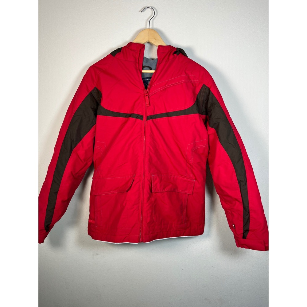 Lands' End Mens Red Brown Colorblock Hooded Winter Jacket Fleece Lined L 14-16